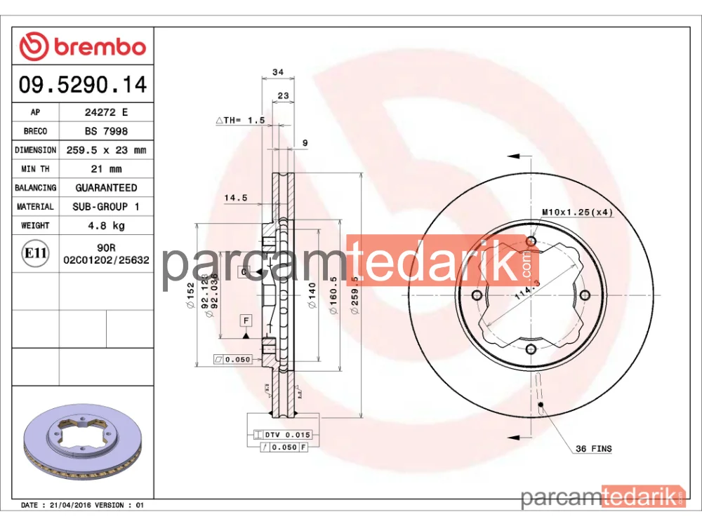 BREMBO 09529014 | Fren Diski (Ön) — Honda Accord V, Honda Accord IV, Honda Civic VI