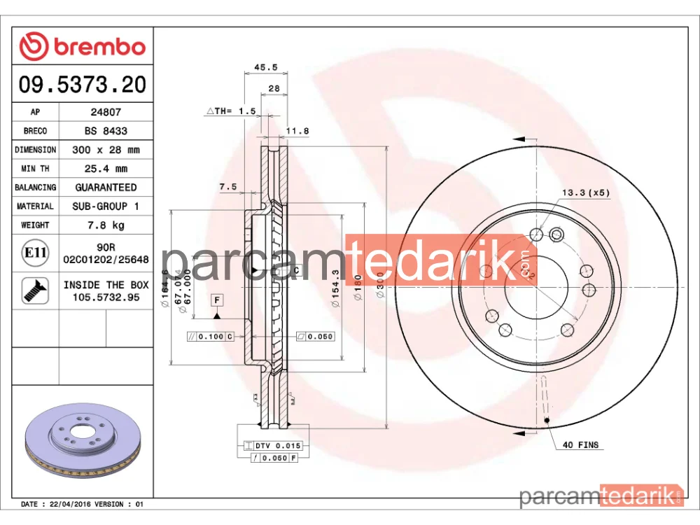 BREMBO 09537320 | Fren Diski (Ön) — Mercedes-Benz SL, Mercedes-Benz 124, Mercedes-Benz E-Serisi