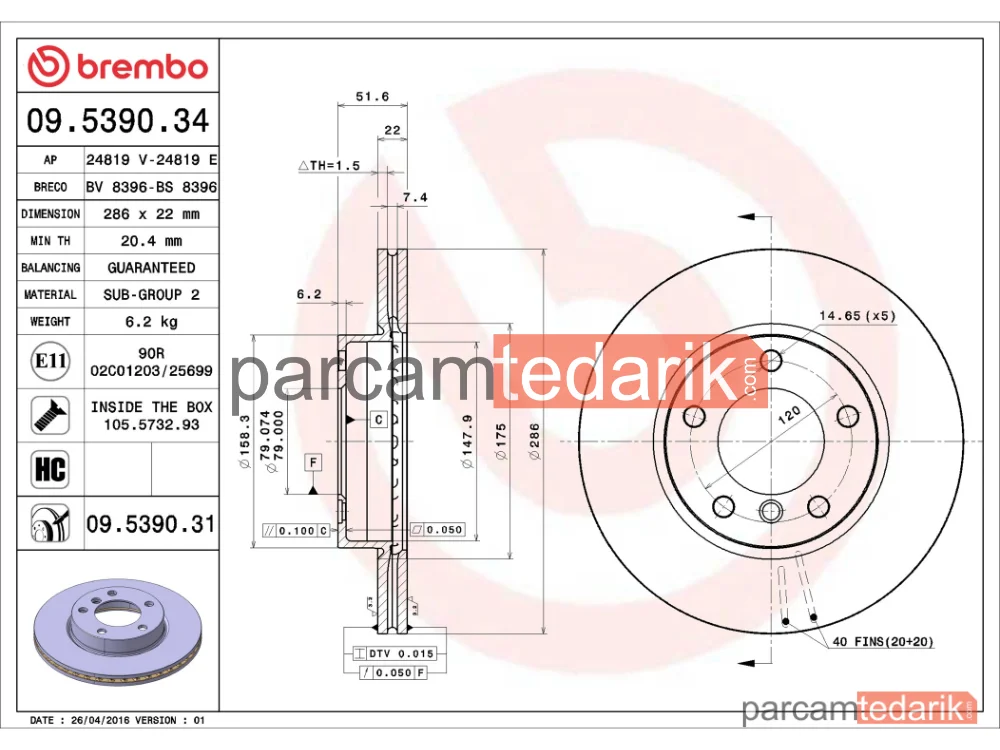 BREMBO 09539031 | Fren Diski (Ön) — BMW 3, BMW 3 Coupe, BMW 3 Touring