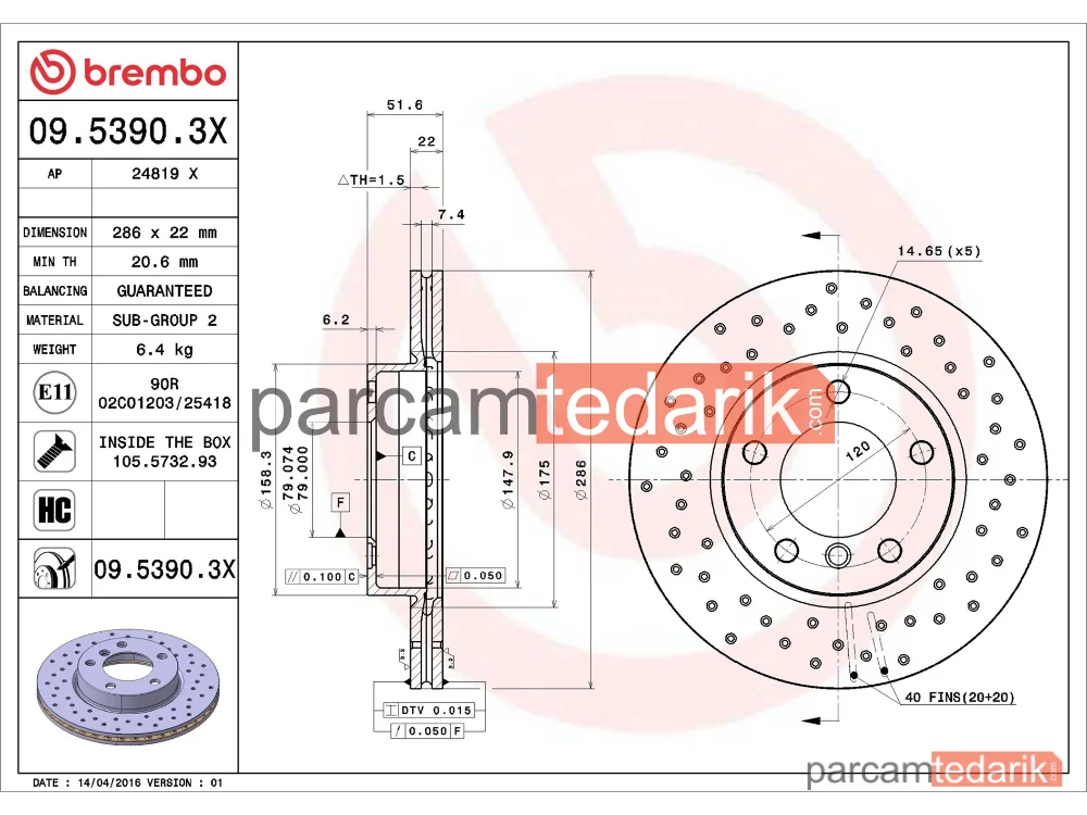 BREMBO 0953903X | Fren Diski (Ön, Delikli) — BMW 3, BMW 3 Coupe, BMW 3 Touring