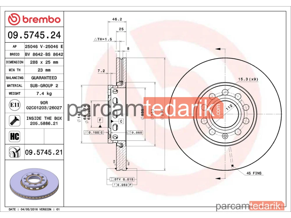 BREMBO 09574524 | Fren Diski (Ön, 288x25 mm, 5×112) — Audi A4 B5, Audi A6 C5, VW Passat B5