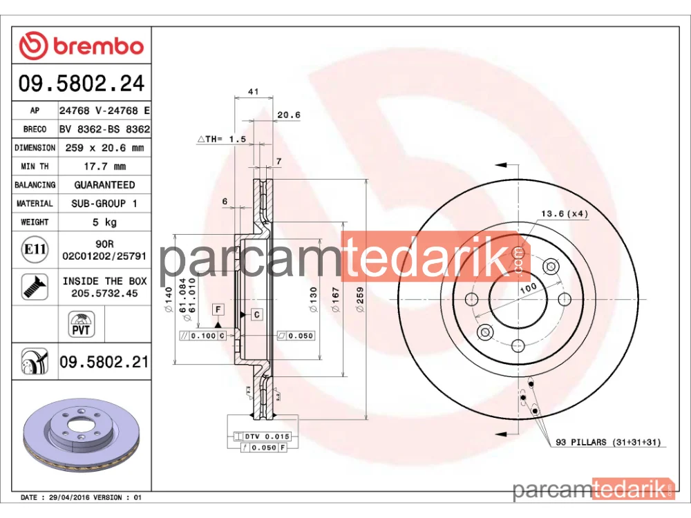 BREMBO 09580224 | Fren Diski (Ön) — Renault Clio II, Renault Kangoo Express, Renault Megane I Classic