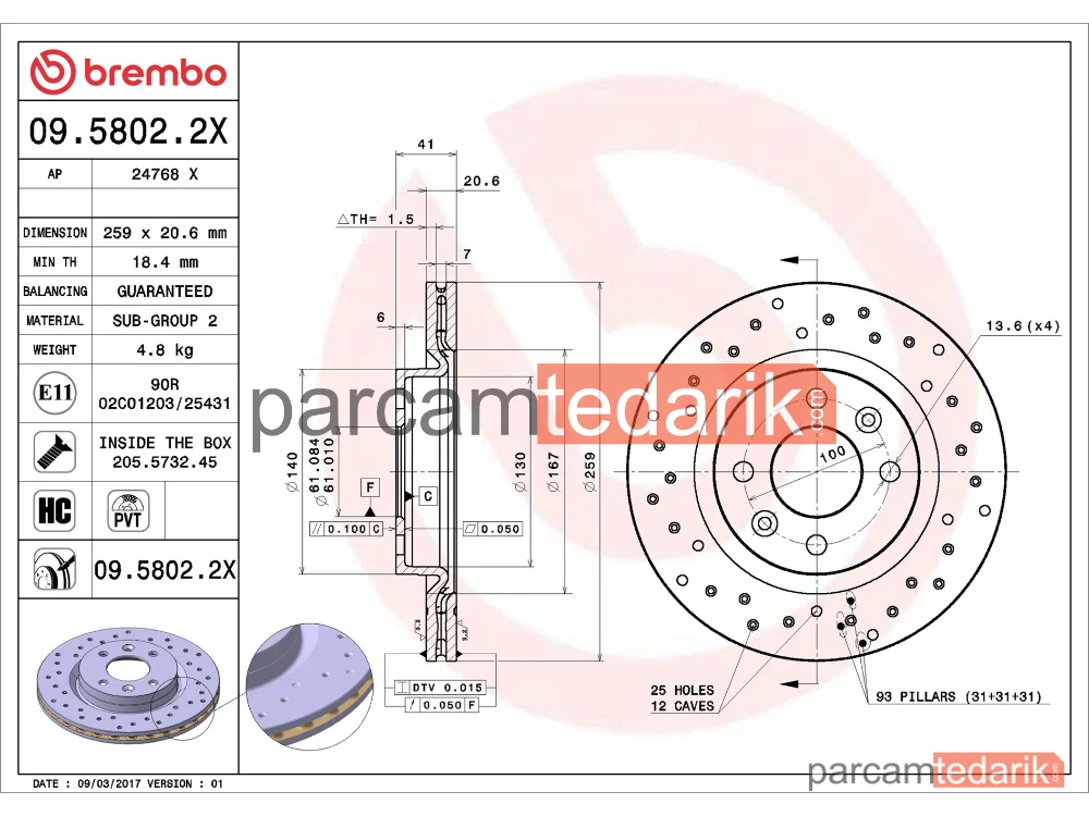 BREMBO 0958022X | Fren Diski (Ön, Delikli) — Renault Clio II, Renault Kangoo Express, Renault Megane I Classic