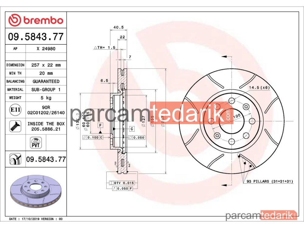 BREMBO 09584377 | Fren Diski (Ön, 257 mm) — Fiat Grande Punto, Fiat Punto Evo, Opel Corsa E