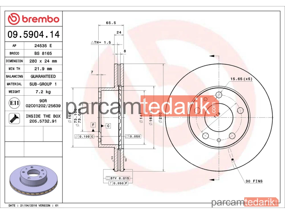 BREMBO 09590414 | Fren Diski (Ön, 280 mm) — Fiat Ducato, Citroen Jumper III, Citroen Jumper I