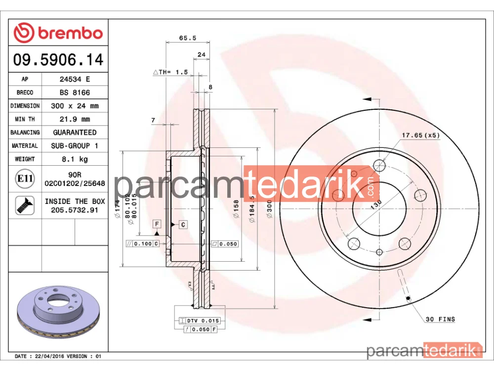 BREMBO 09590614 | Fren Diski (Ön) — Fiat Ducato, Citroen Jumper I, Citroen Jumper II