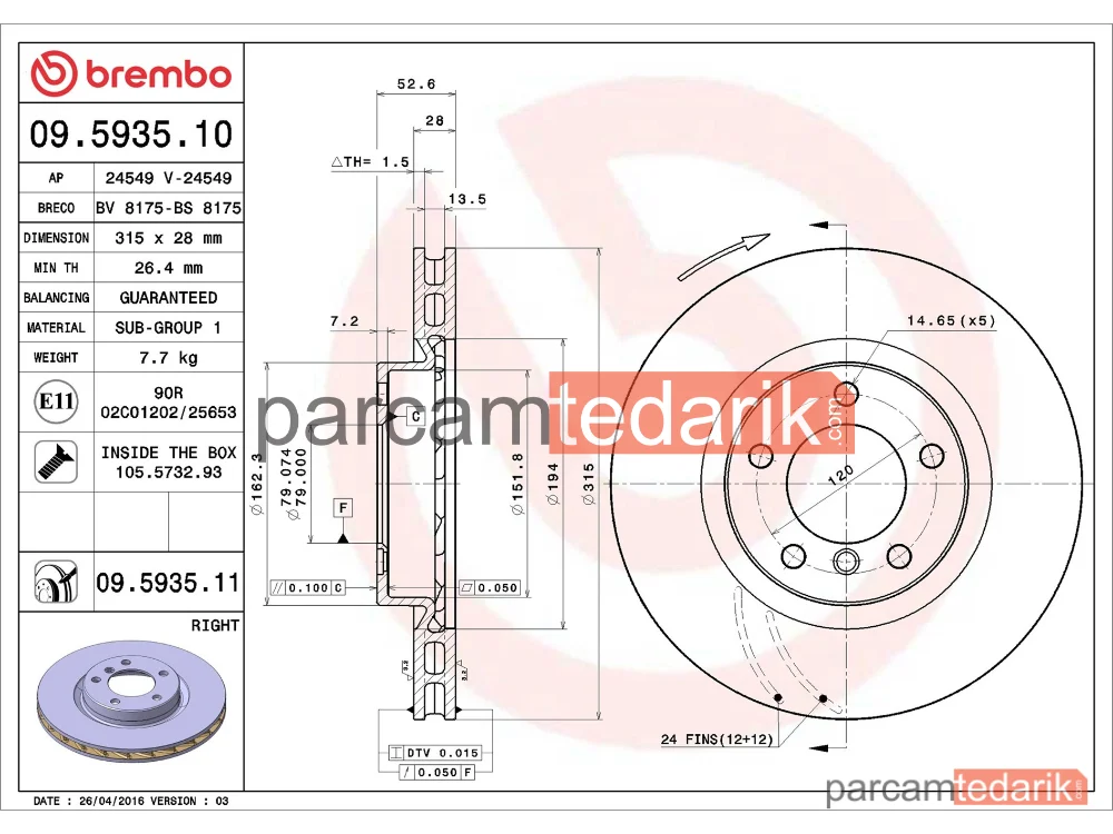 BREMBO 09593511 | Fren Diski (Ön) — BMW 3 Coupe, BMW 3, BMW 3 Cabrio