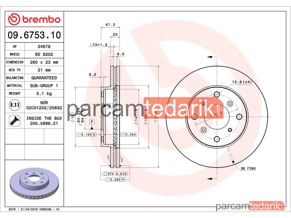 BREMBO 09675310 | Fren Diski (Ön) — Honda Accord VI, Honda Cr-V I, Honda Prelude IV