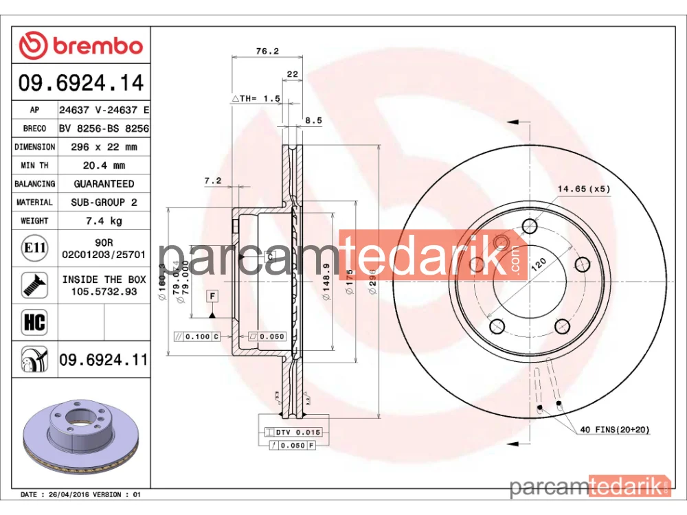 BREMBO 09692414 | Fren Diski (Ön, 296 mm) — BMW 5, BMW 5 Touring