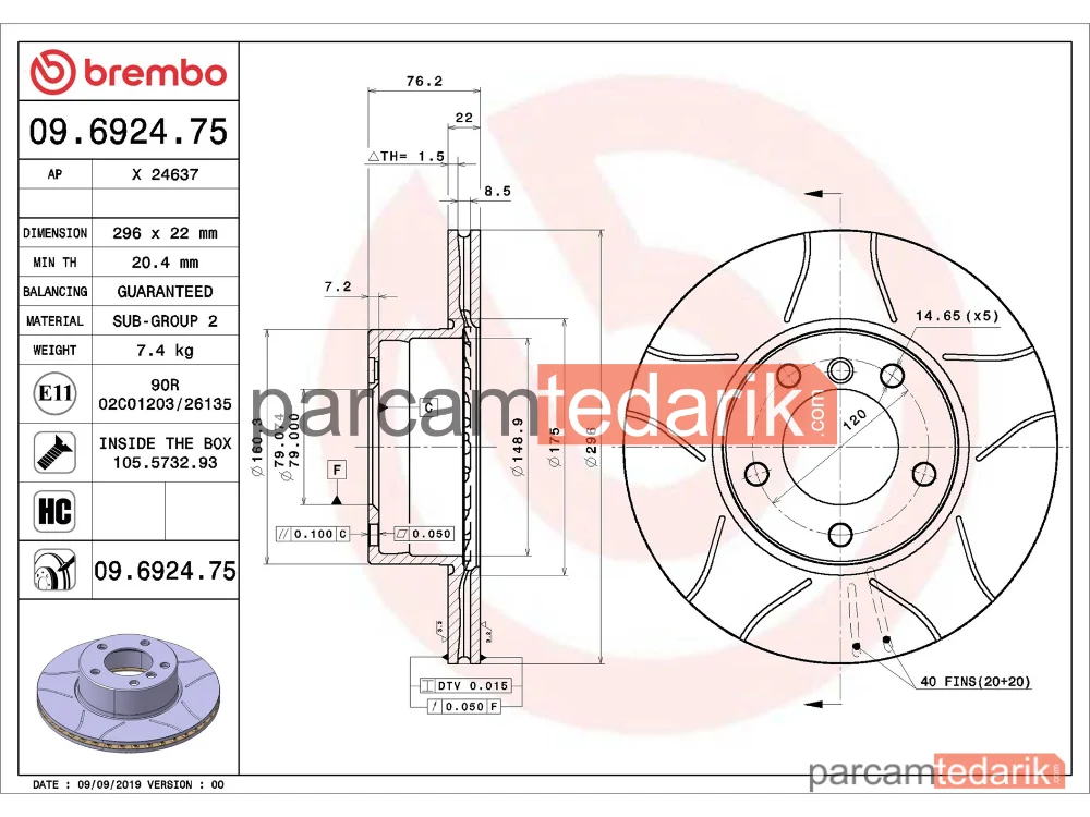 BREMBO 09692475 | Fren Diski (Ön, 296 mm) — BMW 5, BMW 5 Touring