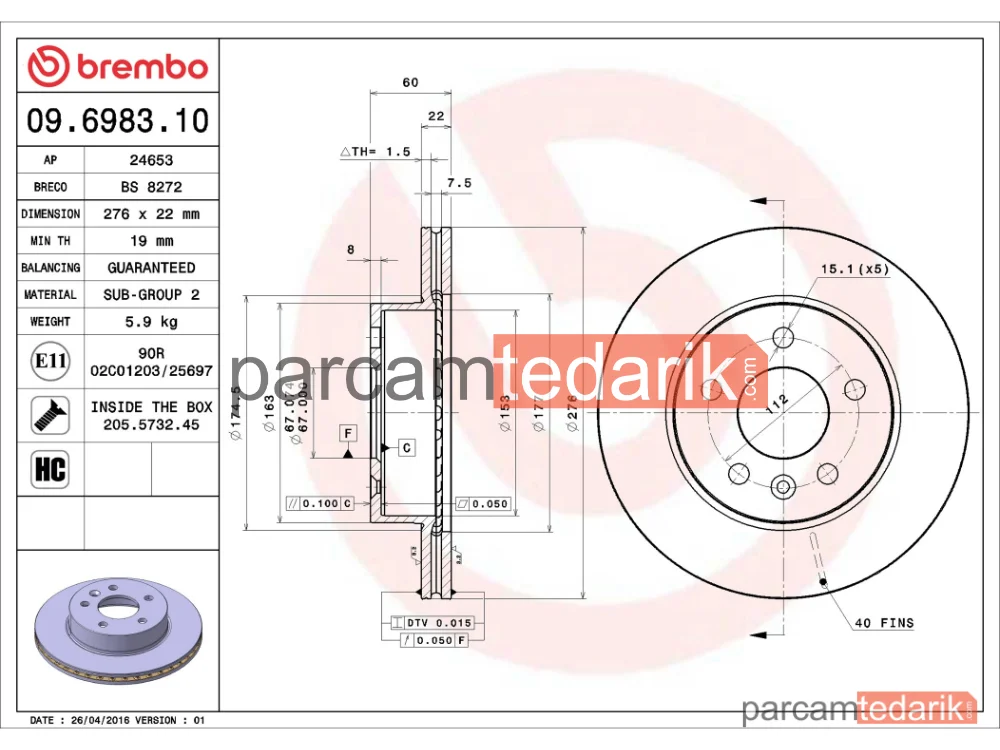 BREMBO 09698310 | Fren Diski (Ön, 276 mm) — Mercedes-Benz Vito, Mercedes-Benz V-Serisi