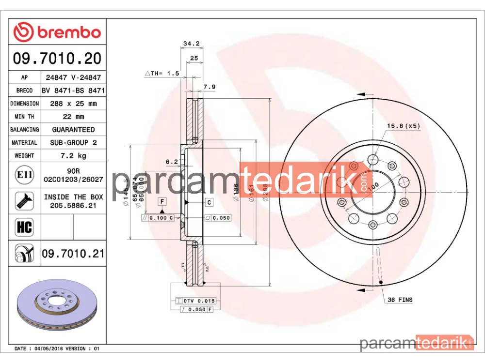 BREMBO 09701020 | Fren Diski (Ön, 288x25 mm) — VW Polo V, VW Bora I, Seat Toledo IV