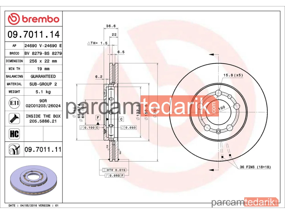 BREMBO 09701114 | Fren Diski (Ön, 256x22 mm, 5×100) — Seat Ibiza IV, VW Polo V, Seat Ibiza IV SC