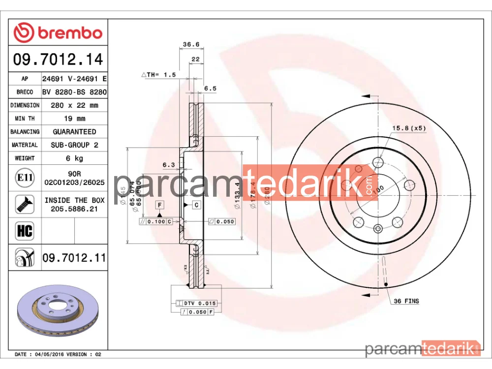 BREMBO 09701211 | Fren Diski (Ön, 280x22 mm, 5×100) — VW Bora I, VW Golf IV, VW Golf IV Variant