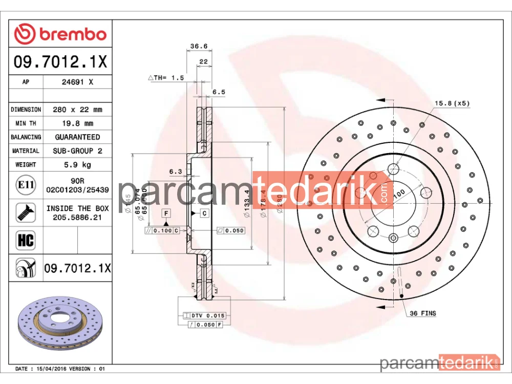 BREMBO 0970121X | Fren Diski (Ön, Delikli, 280x22 mm, 5×100) — VW Bora I, VW Golf IV, VW Golf IV Variant