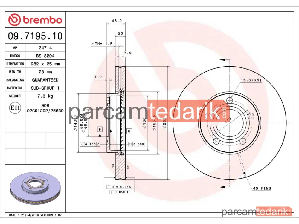 BREMBO 09719510 | Fren Diski (Ön, 282.5x25 mm, 5×112) — VW Passat B5, VW Passat B5 Variant