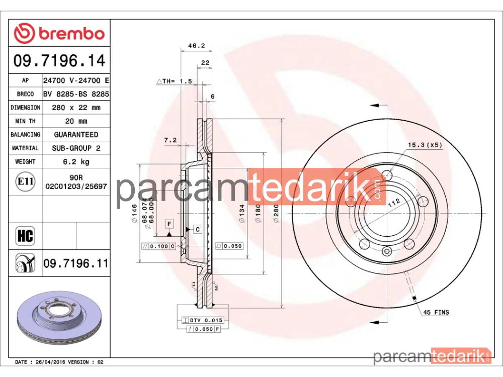 BREMBO 09719611 | Fren Diski (Ön, 280x22 mm, 5×112) — VW Passat B5, VW Passat B5 Variant, Audi A4 B5