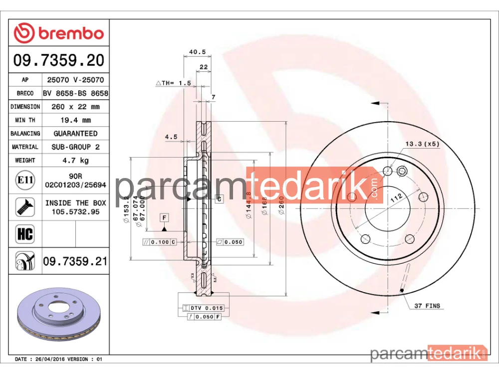 BREMBO 09735921 | Fren Diski (Ön) — Mercedes-Benz A-Serisi