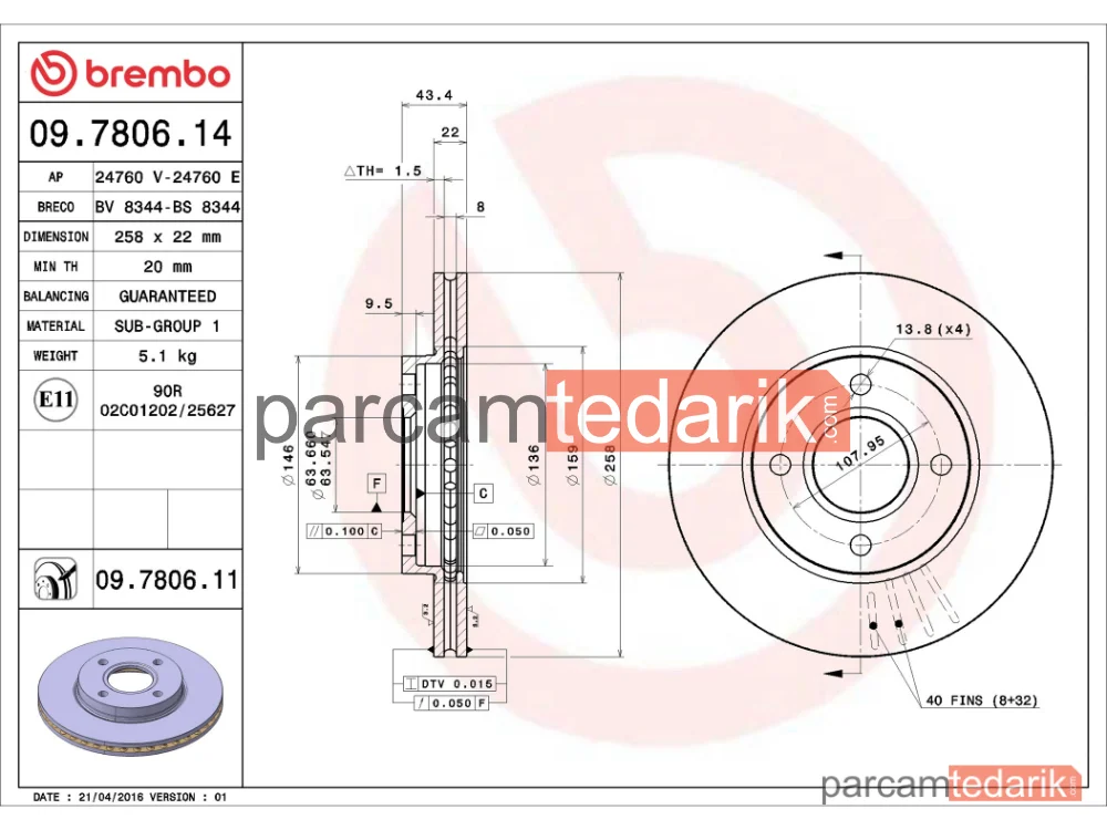 BREMBO 09780611 | Fren Diski (Ön, 258 mm) — Ford Focus I, Ford Focus I Kombi, Ford Fiesta IV