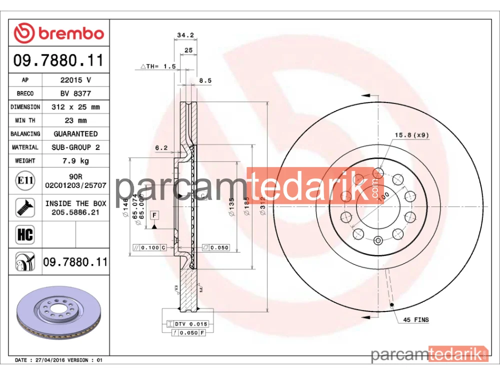 BREMBO 09788011 | Fren Diski (Ön, 312x25 mm, 5×100) — Seat Leon, VW Bora Variant, VW Polo IV