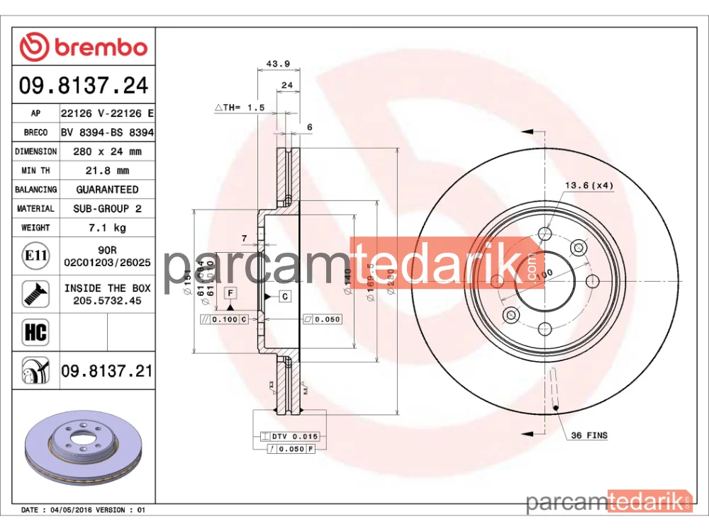 BREMBO 09813724 | Fren Diski (Ön) — Renault Megane II, Renault Megane II Coupé-Cabriolet, Renault Megane Scénic