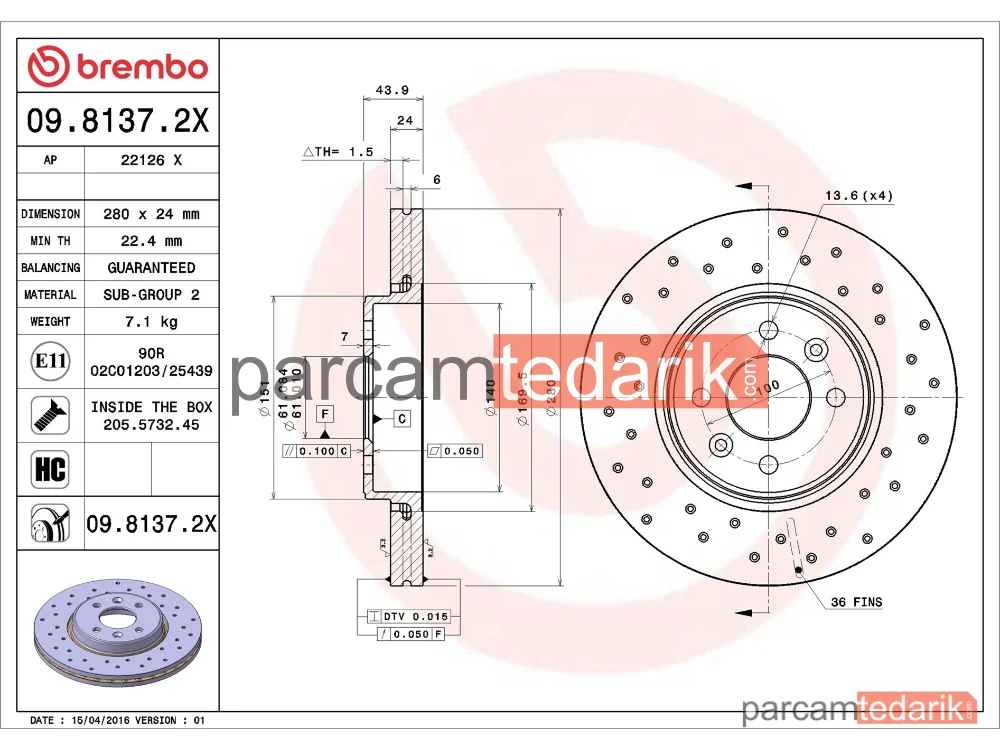 BREMBO 0981372X | Fren Diski (Ön, Delikli) — Renault Megane II, Renault Megane II Coupé-Cabriolet, Renault Megane Scénic