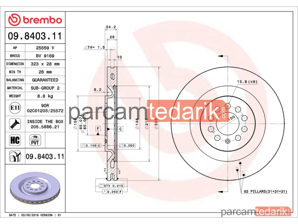 BREMBO 09840311 | Fren Diski (Ön, 323x28 mm, 5×100) — Seat Leon