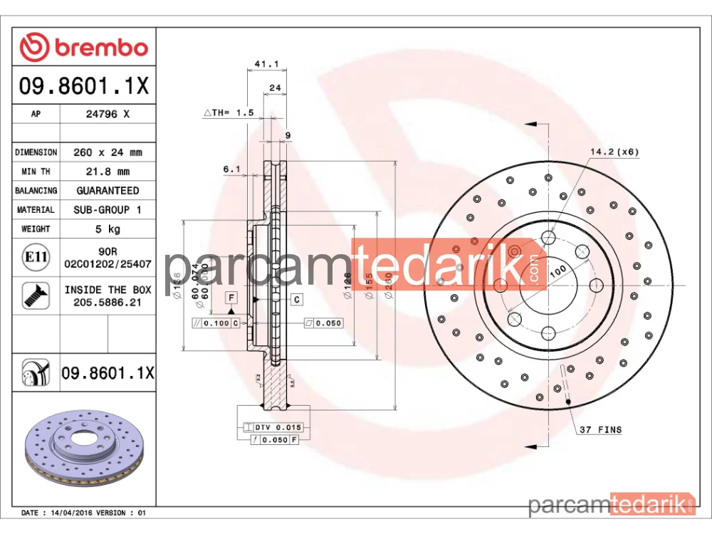 BREMBO 0986011X | Fren Diski (Ön, Xtra) — Opel Combo, Opel Combo Tour, Opel Corsa C