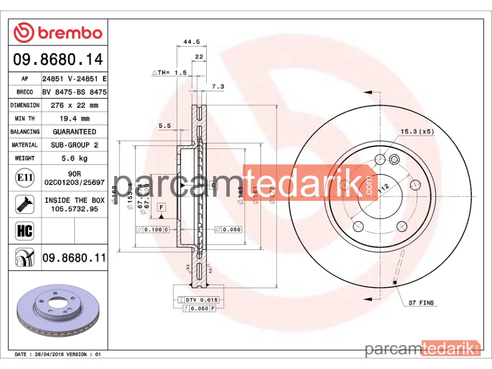 BREMBO 09868014 | Fren Diski (Ön) — Mercedes-Benz B-Serisi, Mercedes-Benz A-Serisi