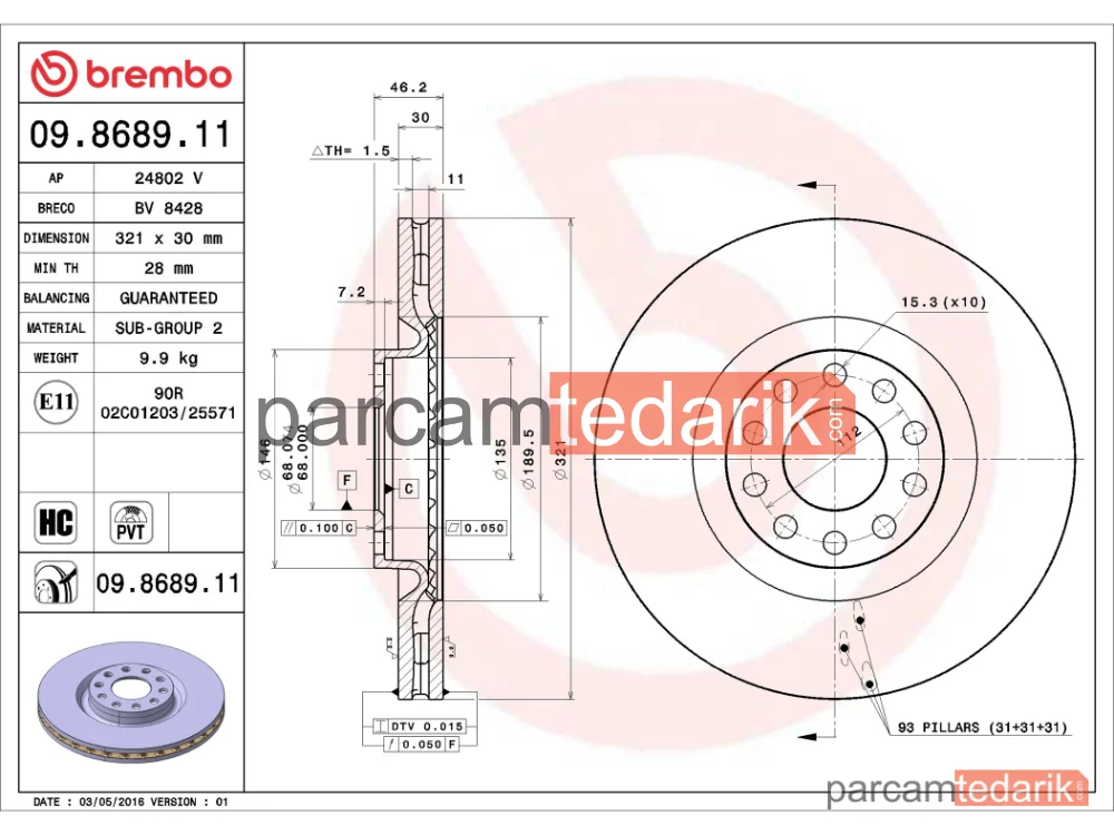BREMBO 09868911 | Fren Diski (Ön, 320x30 mm, 5×112) — Audi A6 C5, Audi A4 B7, Audi A4 B7 Cabrio
