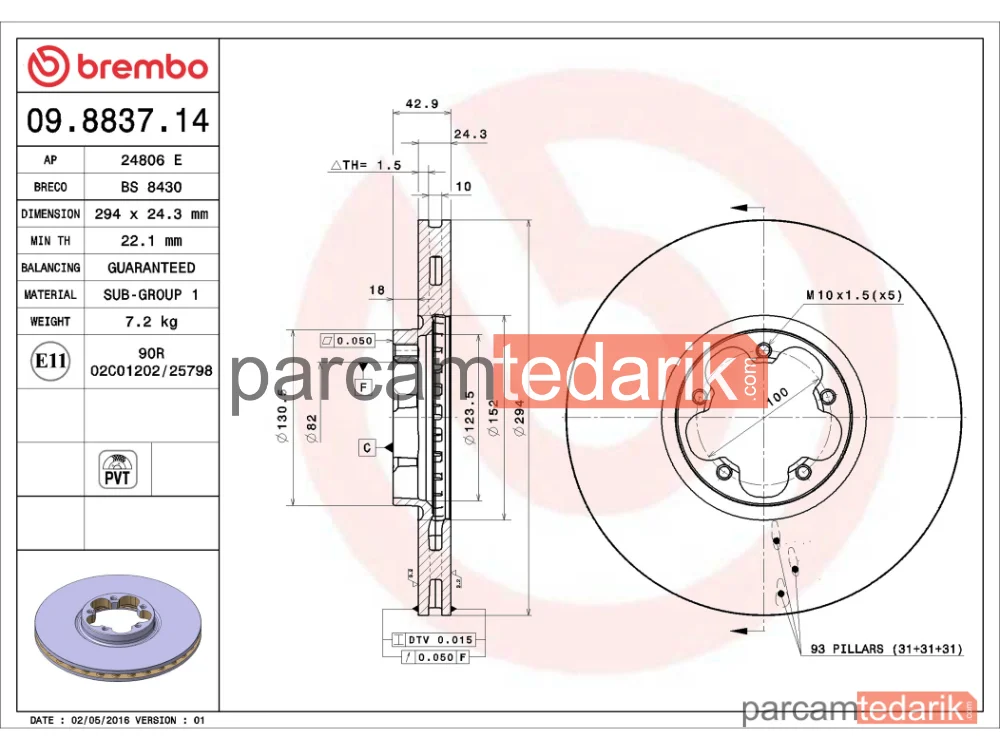 BREMBO 09883714 | Fren Diski (Ön, 294 mm) — Ford Transit