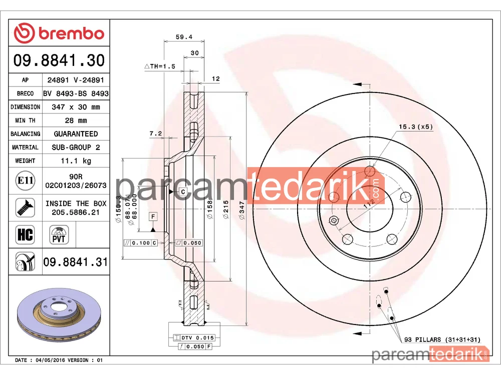 BREMBO 09884131 | Fren Diski (Ön, 347x30 mm, 5×112) — Audi A6 C6, Audi A6 Allroad C6