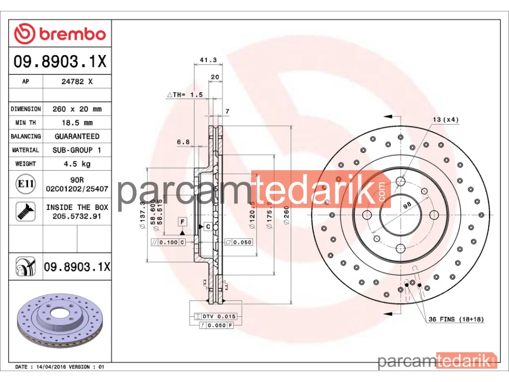 BREMBO 0989031X | Fren Diski (Ön, Delikli) — Lada 110, Lada 111, Lada 112