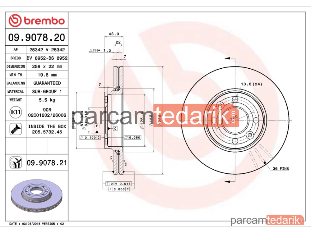 BREMBO 09907821 | Fren Diski (Ön, 258 mm) — Dacia Lodgy, Renault Kangoo Express, Renault Clio IV