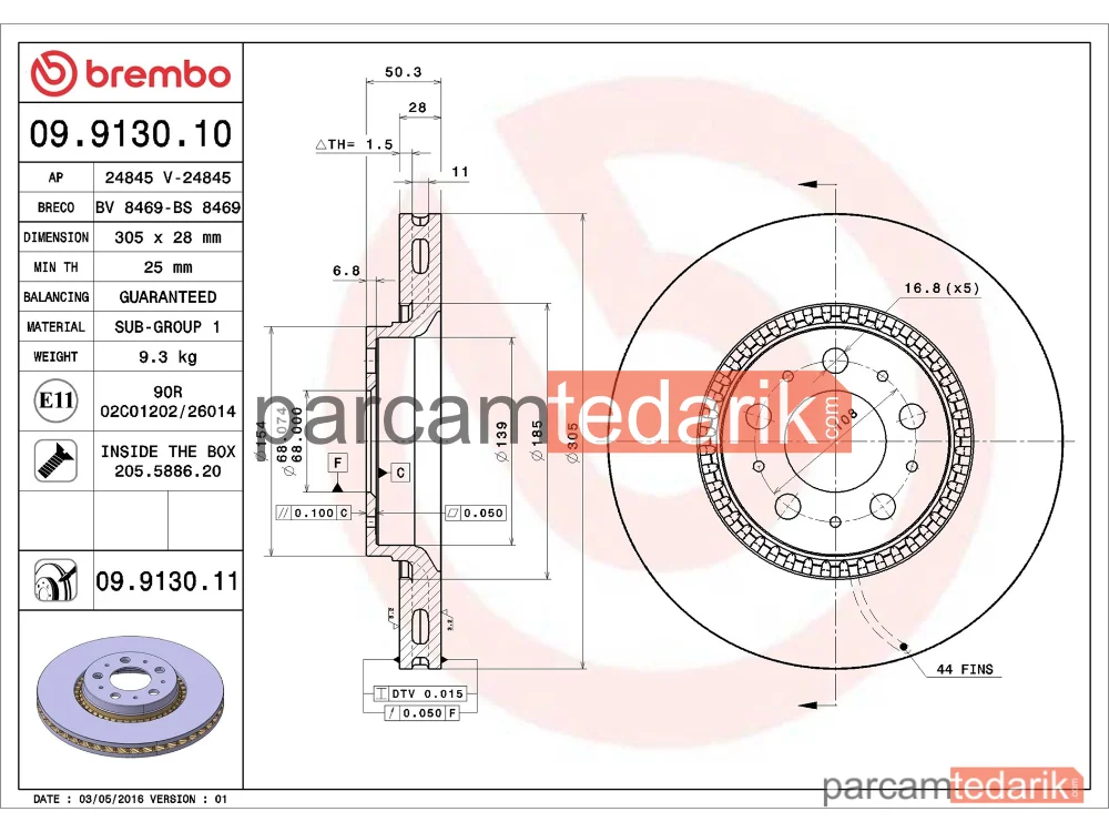 BREMBO 09913011 | Fren Diski (Ön) — Volvo S80 I, Volvo V70 II, Volvo S60 I