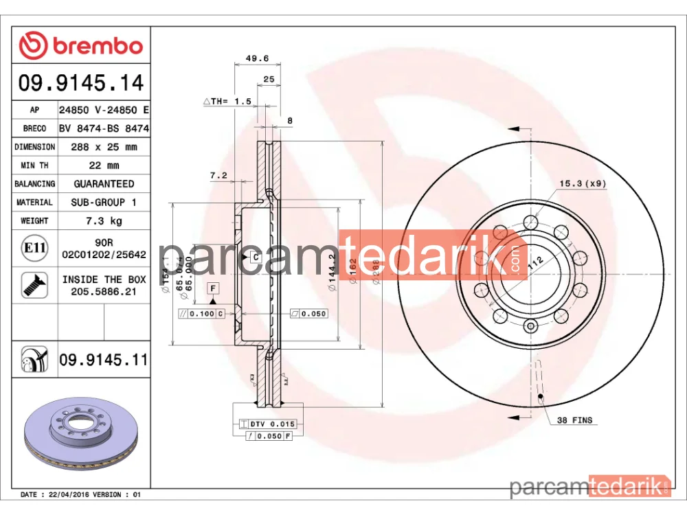 BREMBO 09914514 | Fren Diski (Ön, 288x25 mm, 5×112) — Audi A3, Seat Leon, Seat Leon ST