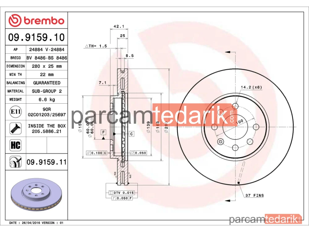 BREMBO 09915910 | Fren Diski (Ön) — Opel Combo, Opel Combo Tour, Opel Meriva A Mpv