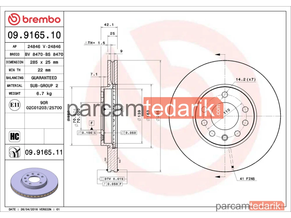 BREMBO 09916510 | Fren Diski (Ön) — Saab 9-3, Saab 9-3 Cabrio, Opel Vectra C