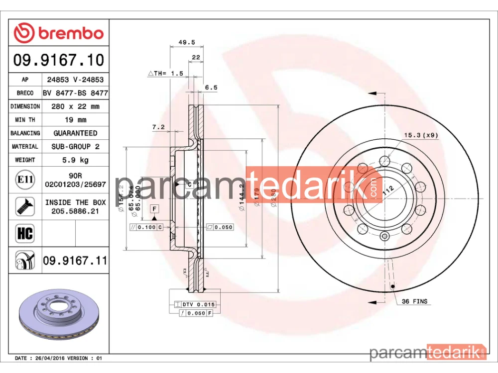 BREMBO 09916710 | Fren Diski (Ön, 280x22 mm, 5×112) — VW Caddy III, VW Jetta IV, VW Caddy III Mpv