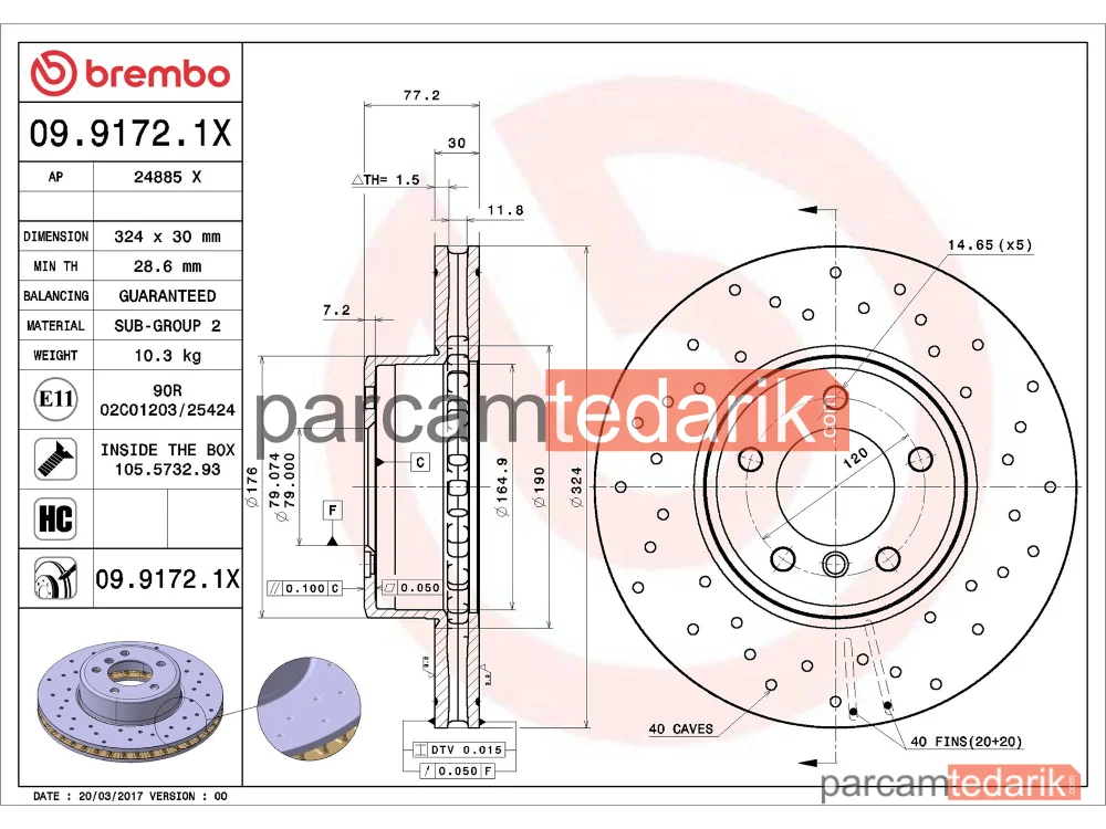 BREMBO 0991721X | Fren Diski (Ön, Delikli) — BMW 5, BMW 5 Touring, BMW 6