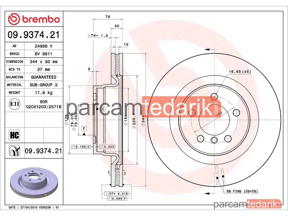 BREMBO 09937421 | Fren Diski (Ön) — Land Rover Range Rover III