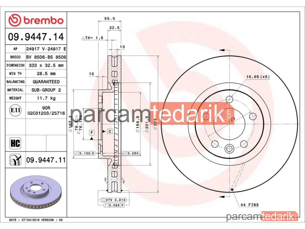 BREMBO 09944711 | Fren Diski (Ön, 333x32 mm, 5×120) — VW Transporter T5, VW Multivan T5