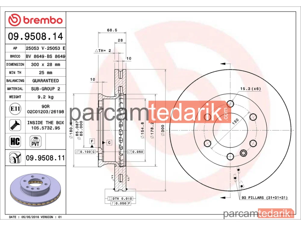 BREMBO 09950811 | Fren Diski (Ön, 300x28 mm, 6×130) — Mercedes-Benz Sprinter 5-t, Mercedes-Benz Sprinter 3,5-t
