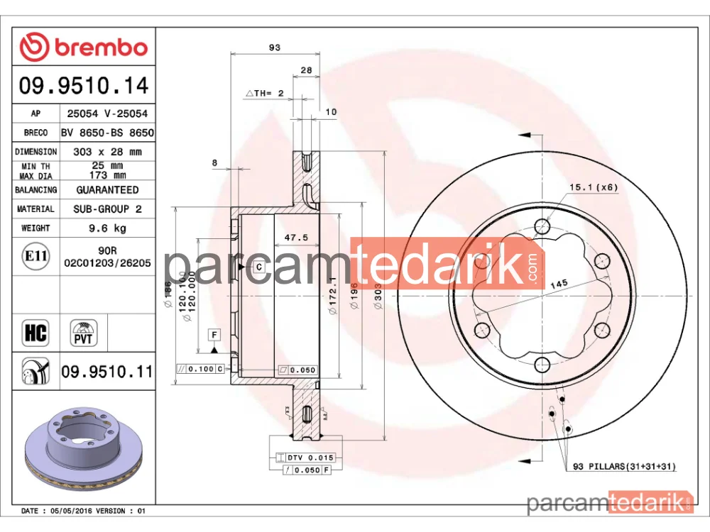 BREMBO 09951014 | Fren Diski (Arka) — Mercedes-Benz Sprinter 5-t, VW Crafter 30-50, Mercedes-Benz Sprinter 4,6-t