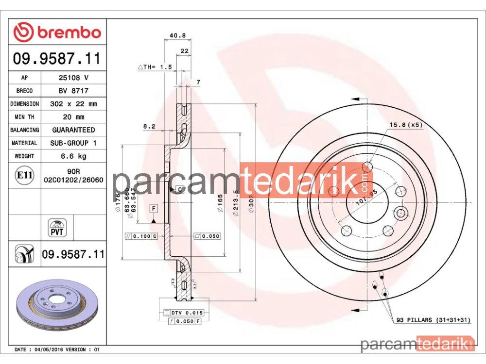 BREMBO 09958711 | Fren Diski (Arka) — Volvo V60 I, Volvo V70 III, Volvo S80 II