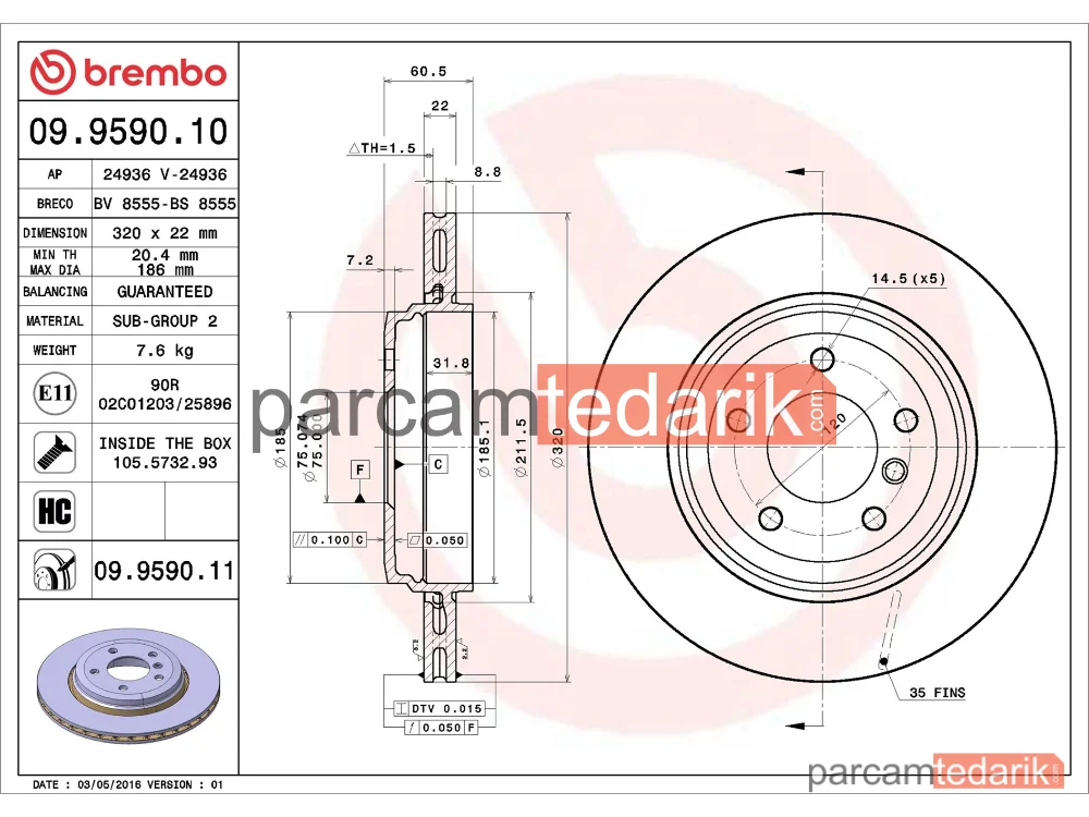 BREMBO 09959011 | Fren Diski (Arka) — BMW 3, BMW 3 Touring, BMW 3 Coupe