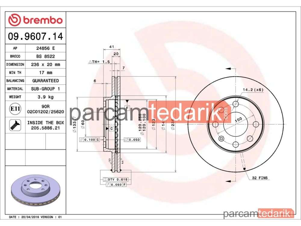 BREMBO 09960714 | Fren Diski (Ön, 20 mm) — Opel Kadett E, Opel Astra F, Opel Astra F Kombi