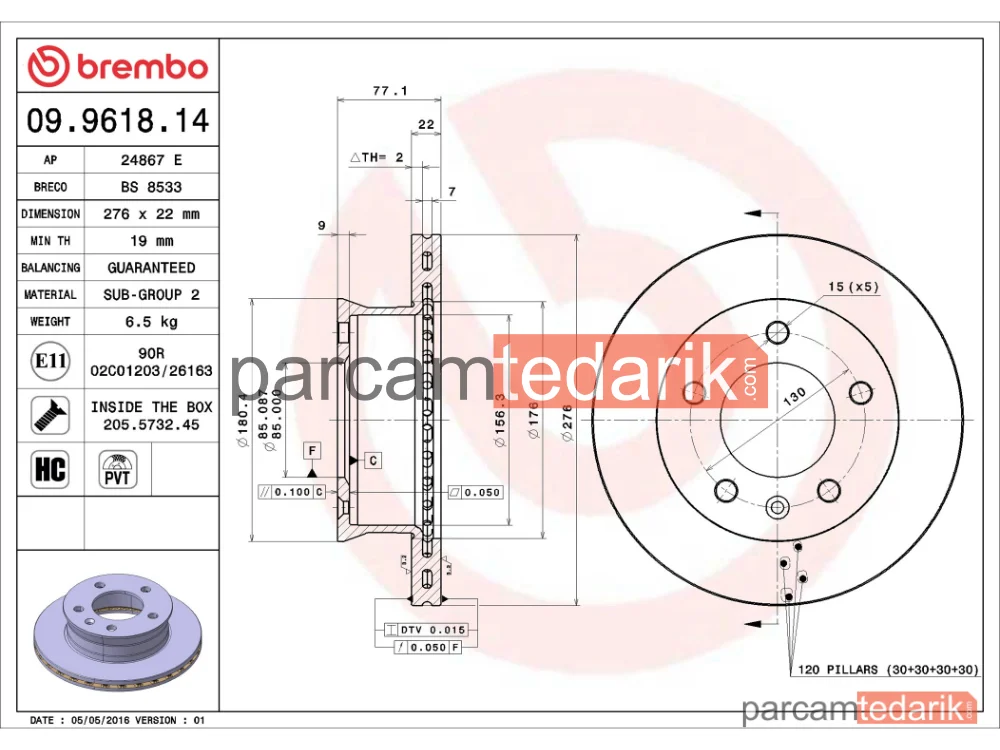 BREMBO 09961814 | Fren Diski (Ön, 276x22 mm, 5×130) — Mercedes-Benz Sprinter 4-t, Mercedes-Benz Sprinter 3-t