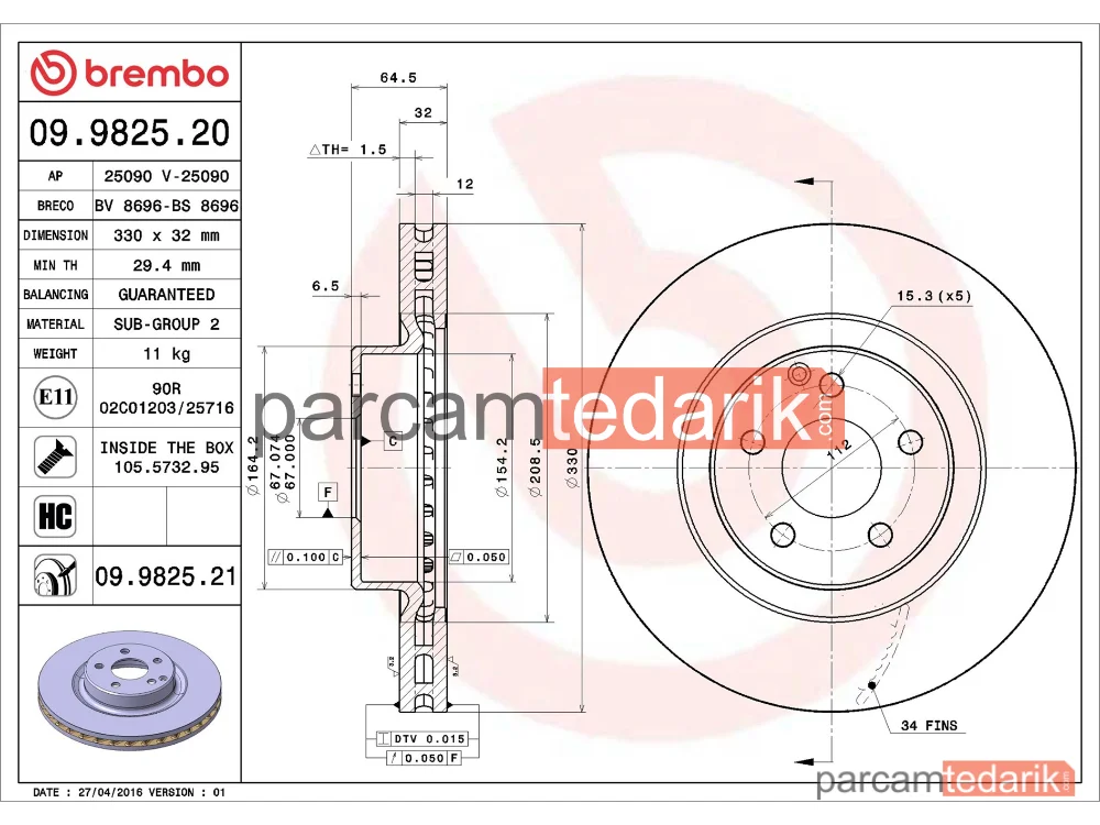 BREMBO 09982521 | Fren Diski (Ön, 330 mm) — Mercedes-Benz Glk-Serisi, Mercedes-Benz Cls, Mercedes-Benz E-Serisi