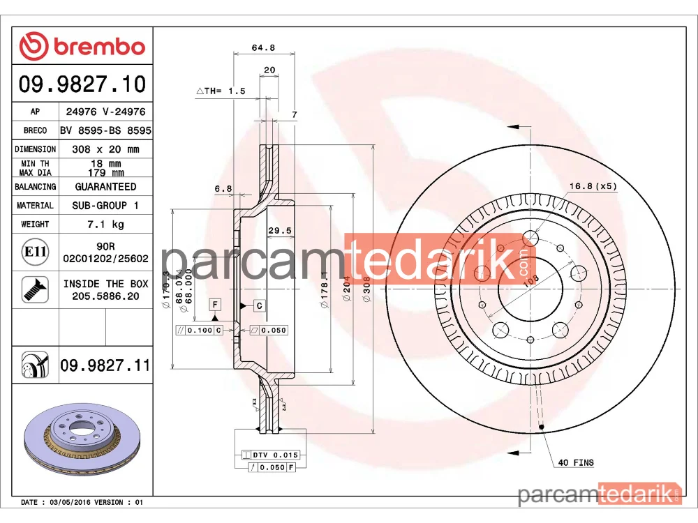 BREMBO 09982711 | Fren Diski (Arka, 308 mm) — Volvo XC90 I